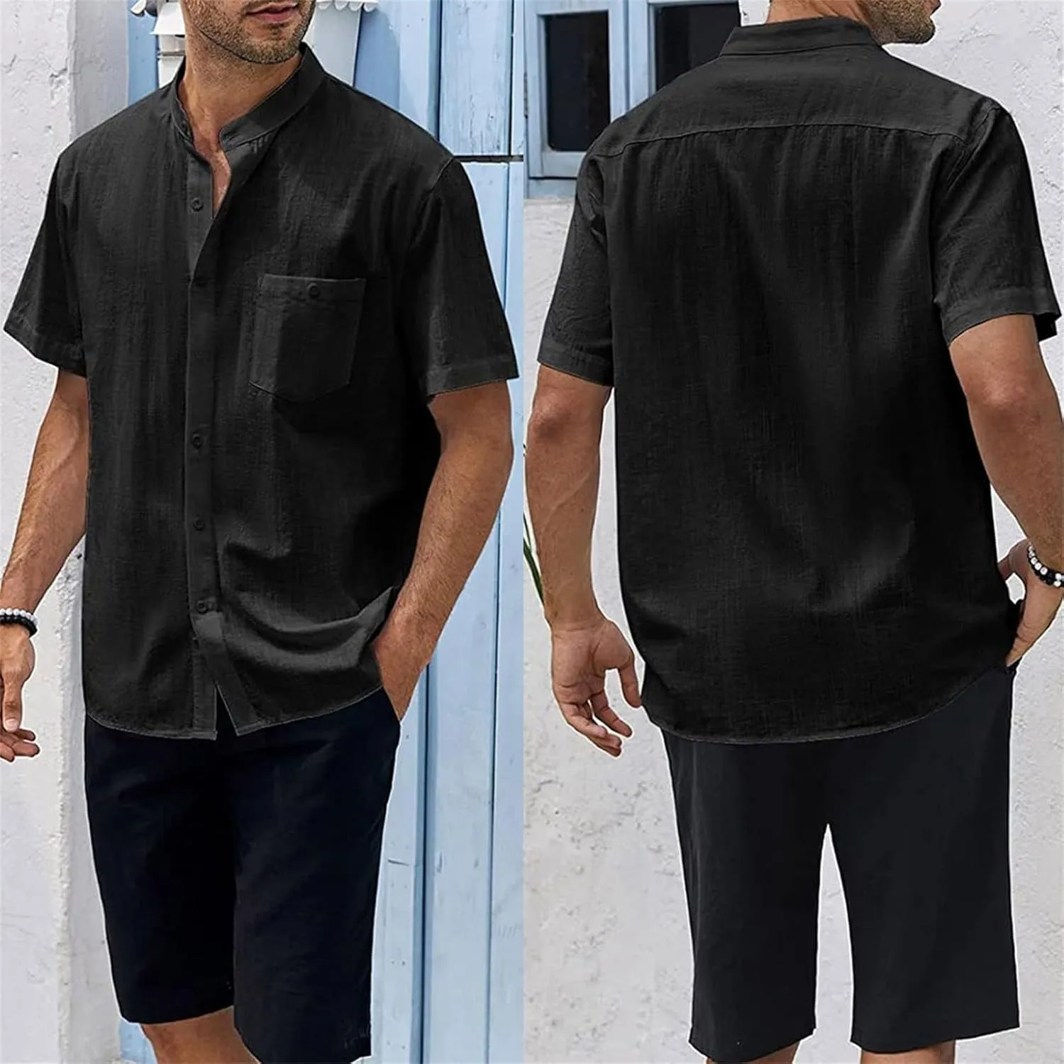 Short Sleeve Button Down Men Cuban Guayabera Big and Tall Casual Beach Wear Clothing with Pocket Green Plus Size