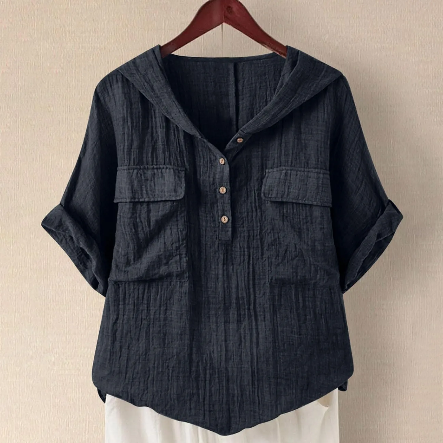 Short Sleeve Linen Hoodie for Women V-Neck Henley Shirt Summer Casual Roll Up Blouse Gauze Tunics Travel Tops