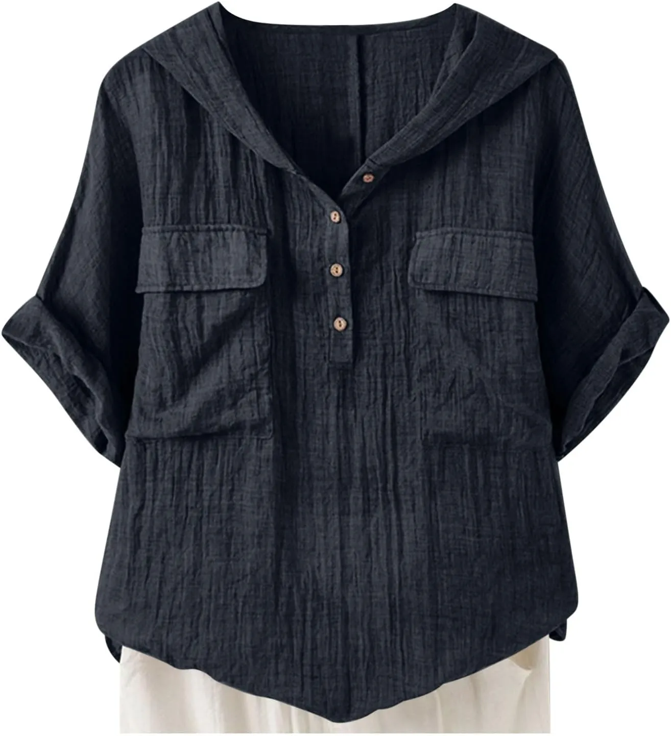 Short Sleeve Linen Hoodie for Women V-Neck Henley Shirt Summer Casual Roll Up Blouse Gauze Tunics Travel Tops
