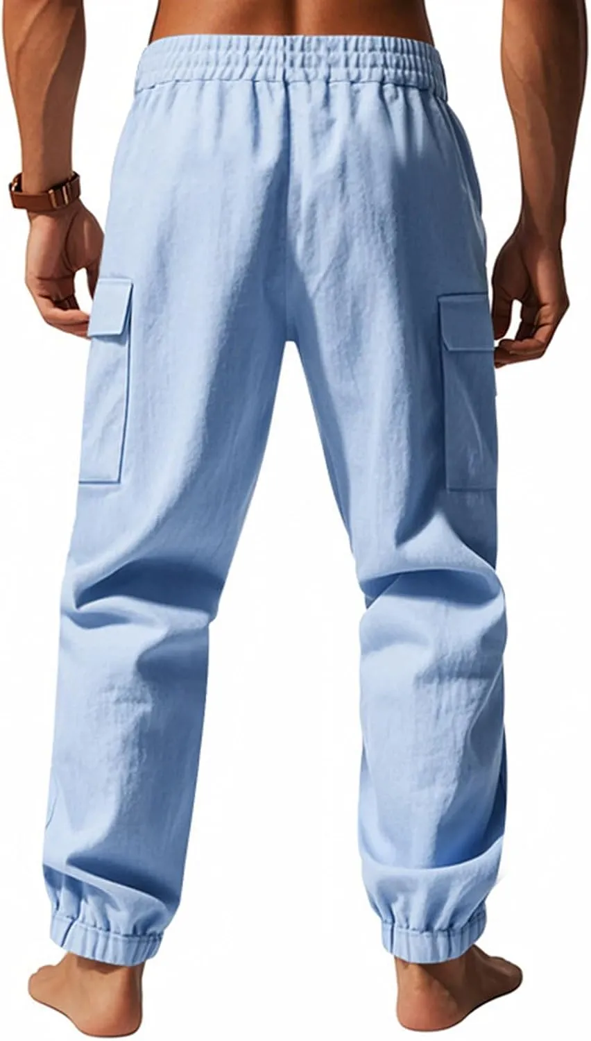 Sinzelimin Men's Linen Cargo Pants Fashion Solid Lace up Elastic Waist Multiple Pockets Wide Leg Sweatpant Versatile Trouser
