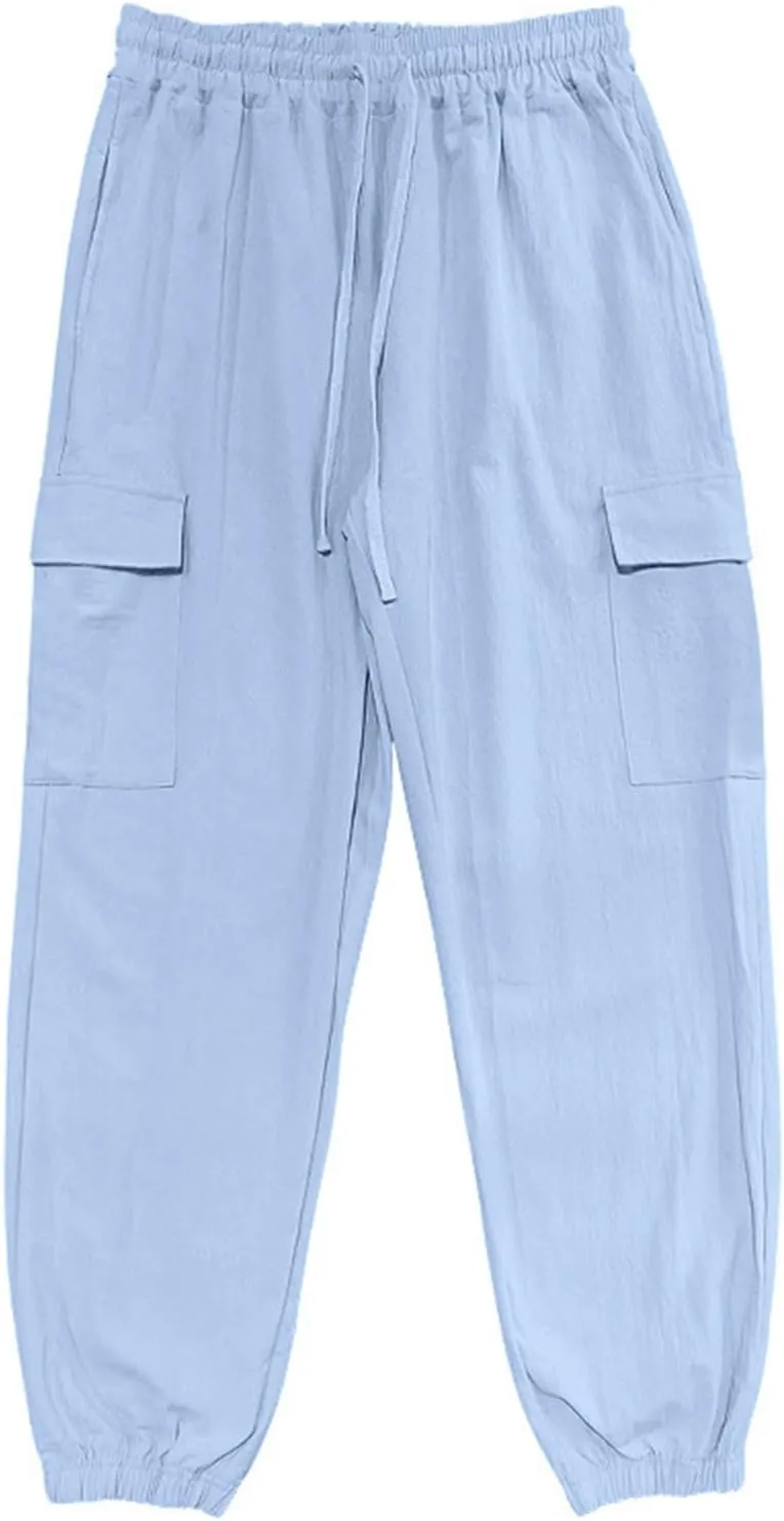 Sinzelimin Men's Linen Cargo Pants Fashion Solid Lace up Elastic Waist Multiple Pockets Wide Leg Sweatpant Versatile Trouser
