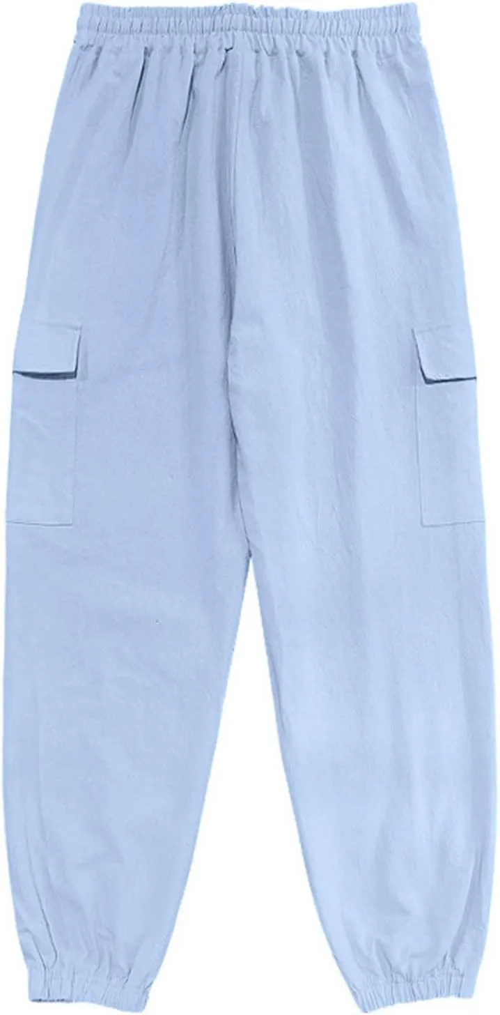 Sinzelimin Men's Linen Cargo Pants Fashion Solid Lace up Elastic Waist Multiple Pockets Wide Leg Sweatpant Versatile Trouser