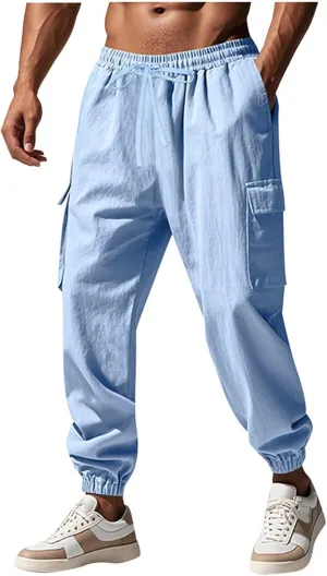 Sinzelimin Men's Linen Cargo Pants Fashion Solid Lace up Elastic Waist Multiple Pockets Wide Leg Sweatpant Versatile Trouser