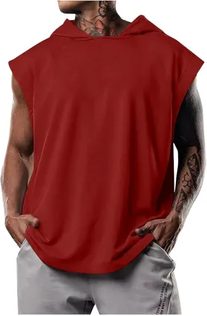Sleeveless Hoodies for Men Workout Hooded Tank Top Bodybuilding Muscle Cut Off T Shirt Sports Training Gym Hoodies Tops