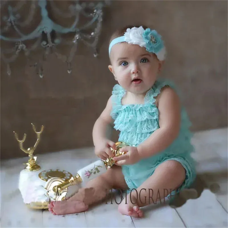 Solid Color Ruffle Tied Sleeveless Lace Rompers