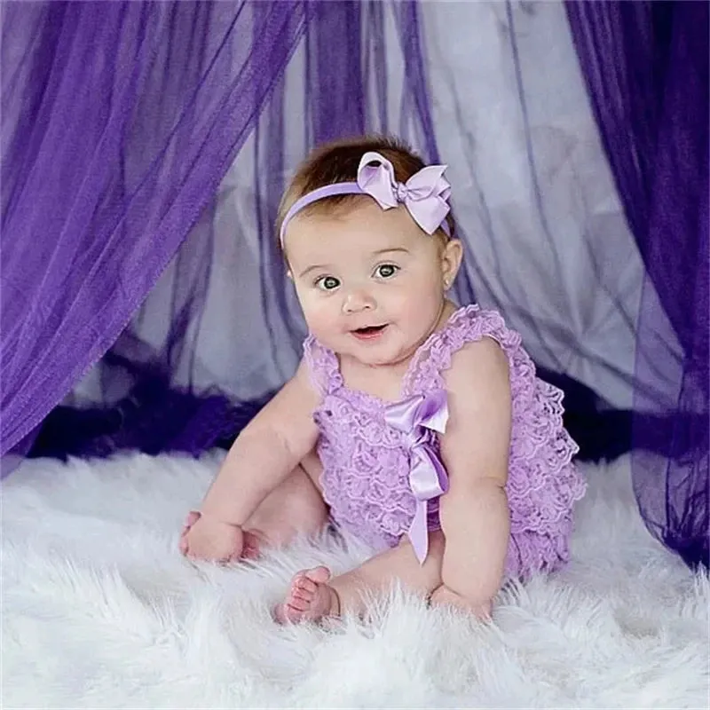 Solid Color Ruffle Tied Sleeveless Lace Rompers
