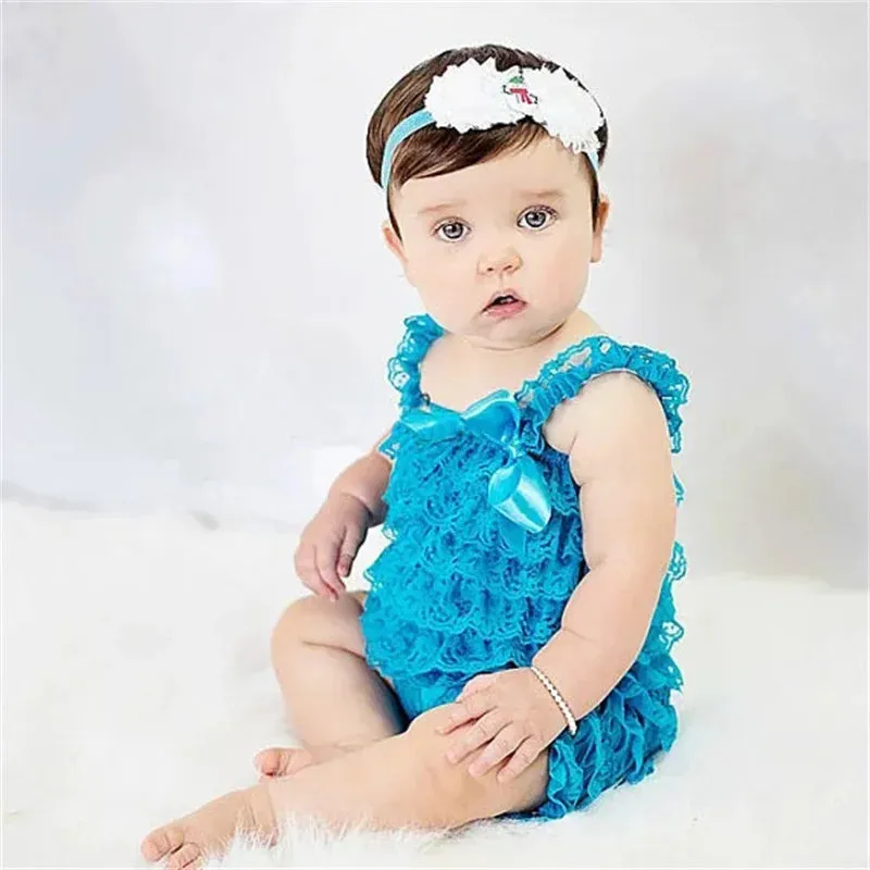 Solid Color Ruffle Tied Sleeveless Lace Rompers