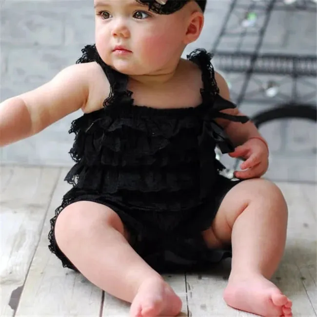 Solid Color Ruffle Tied Sleeveless Lace Rompers