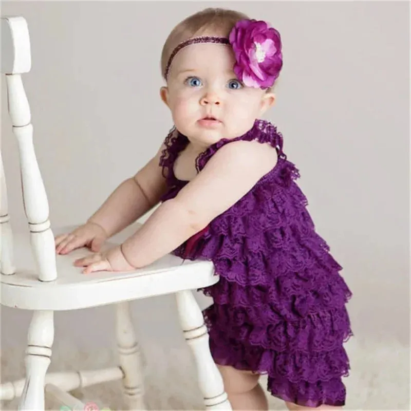Solid Color Ruffle Tied Sleeveless Lace Rompers