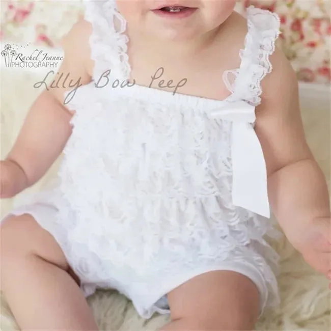 Solid Color Ruffle Tied Sleeveless Lace Rompers