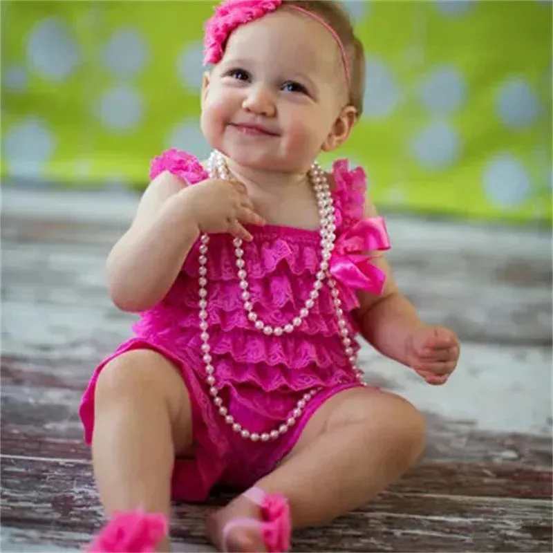 Solid Color Ruffle Tied Sleeveless Lace Rompers