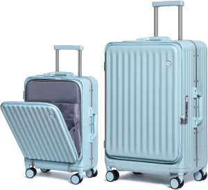 Somago Spinner Hardside PC Luggage Set 2 Piece, Carry on Luggage Front Open 22x14x9 Airline Approved and Side Opening Large 28 Inch Checked Luggage with TSA Lock Light Blue