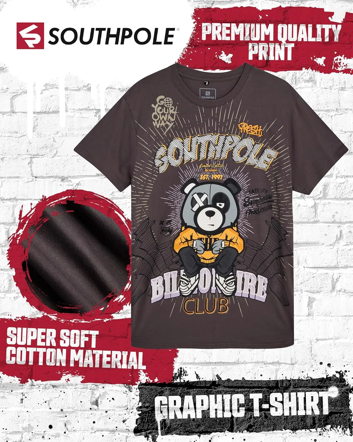 Southpole Mens Graphic T-Shirts - Stylish Cotton Blend Pullover Short Sleeve Crewneck Streetwear Graphic Tee for Men (S-XXL)