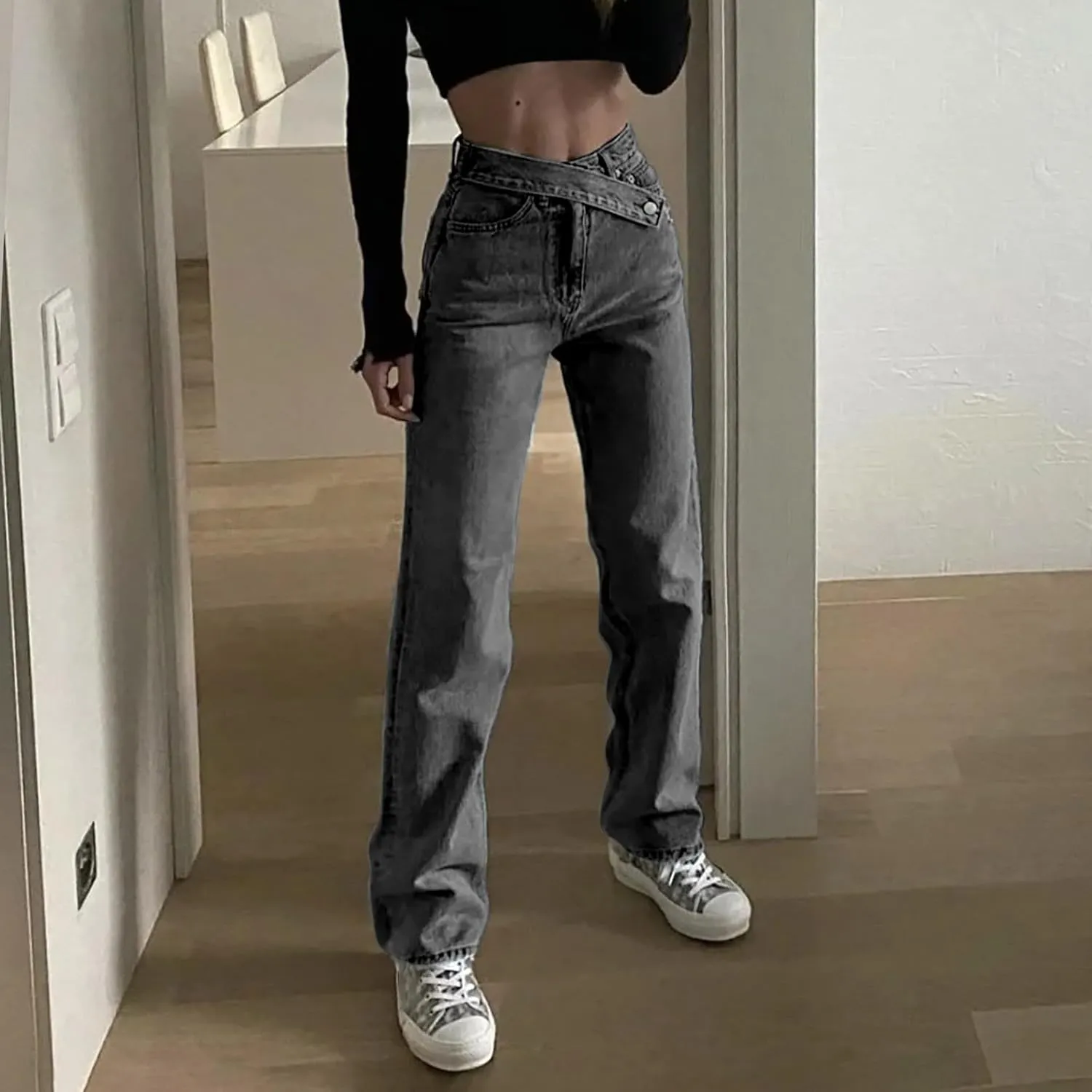 Straight Leg Jeans for Women Women's Solid Color Retro Waistband High Waisted Straight Leg Wide Pants for Women