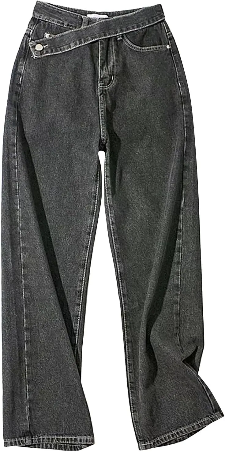Straight Leg Jeans for Women Women's Solid Color Retro Waistband High Waisted Straight Leg Wide Pants for Women