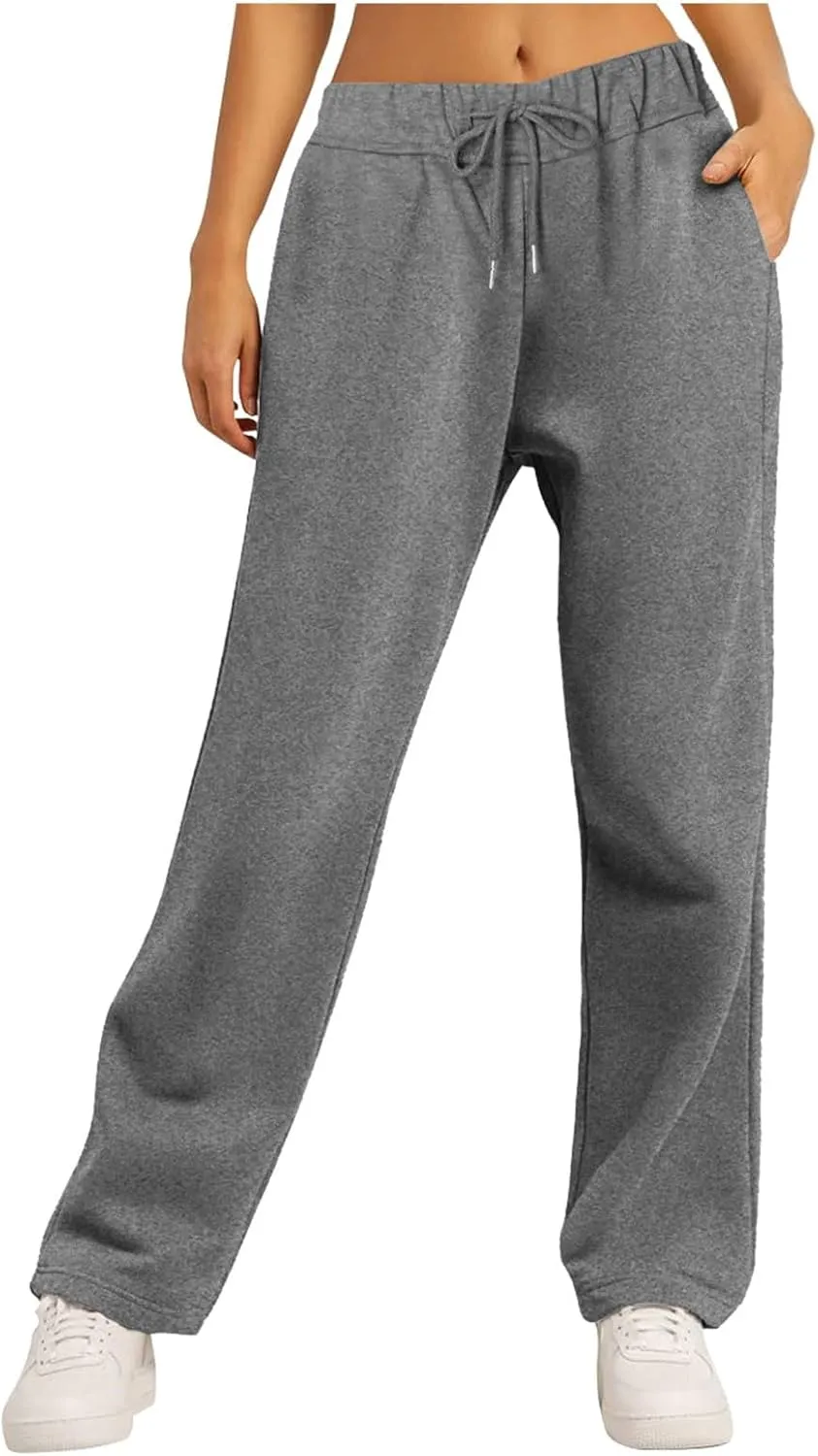 Straight Leg Sweatpants for Women 2024 Trendy Interior Drawstring Baggy Sweatpants High Waisted Casual Trousers Jogger