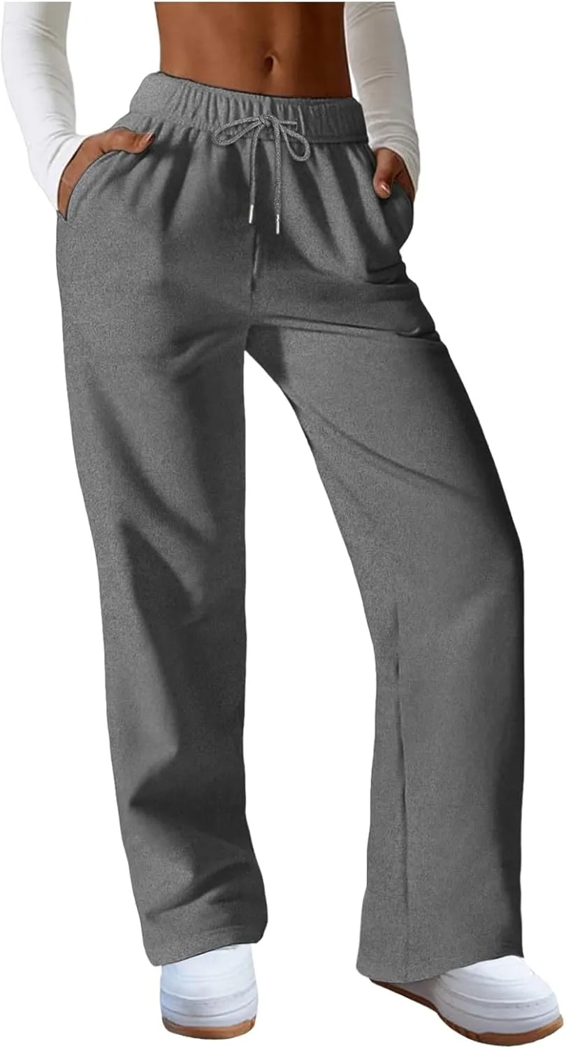 Straight Leg Sweatpants for Women 2024 Trendy Interior Drawstring Baggy Sweatpants High Waisted Casual Trousers Jogger