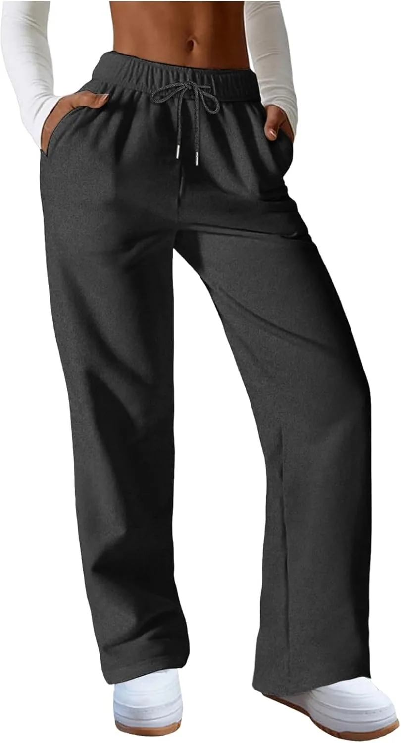 Straight Leg Sweatpants for Women 2024 Trendy Interior Drawstring Baggy Sweatpants High Waisted Casual Trousers Jogger
