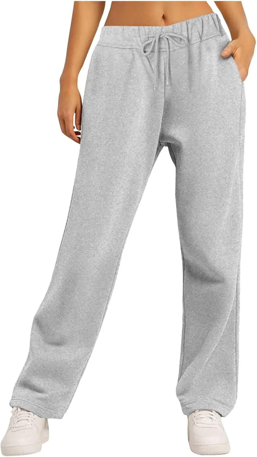 Straight Leg Sweatpants for Women 2024 Trendy Interior Drawstring Baggy Sweatpants High Waisted Casual Trousers Jogger