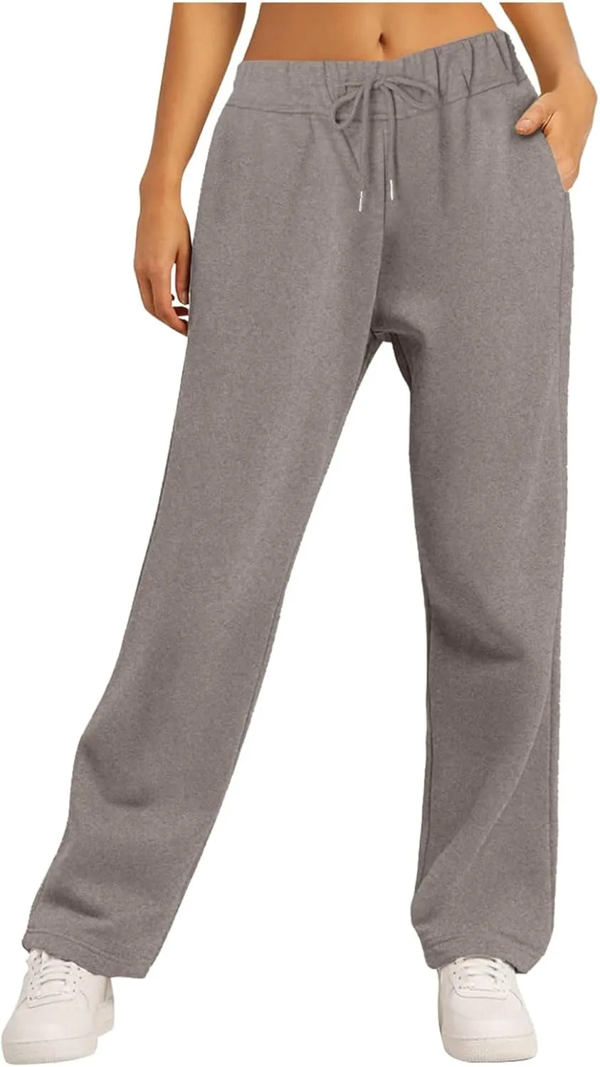 Straight Leg Sweatpants for Women 2024 Trendy Interior Drawstring Baggy Sweatpants High Waisted Casual Trousers Jogger