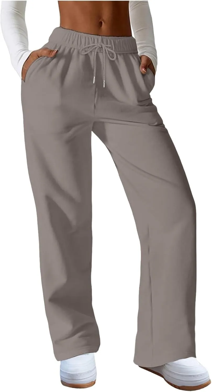 Straight Leg Sweatpants for Women 2024 Trendy Interior Drawstring Baggy Sweatpants High Waisted Casual Trousers Jogger