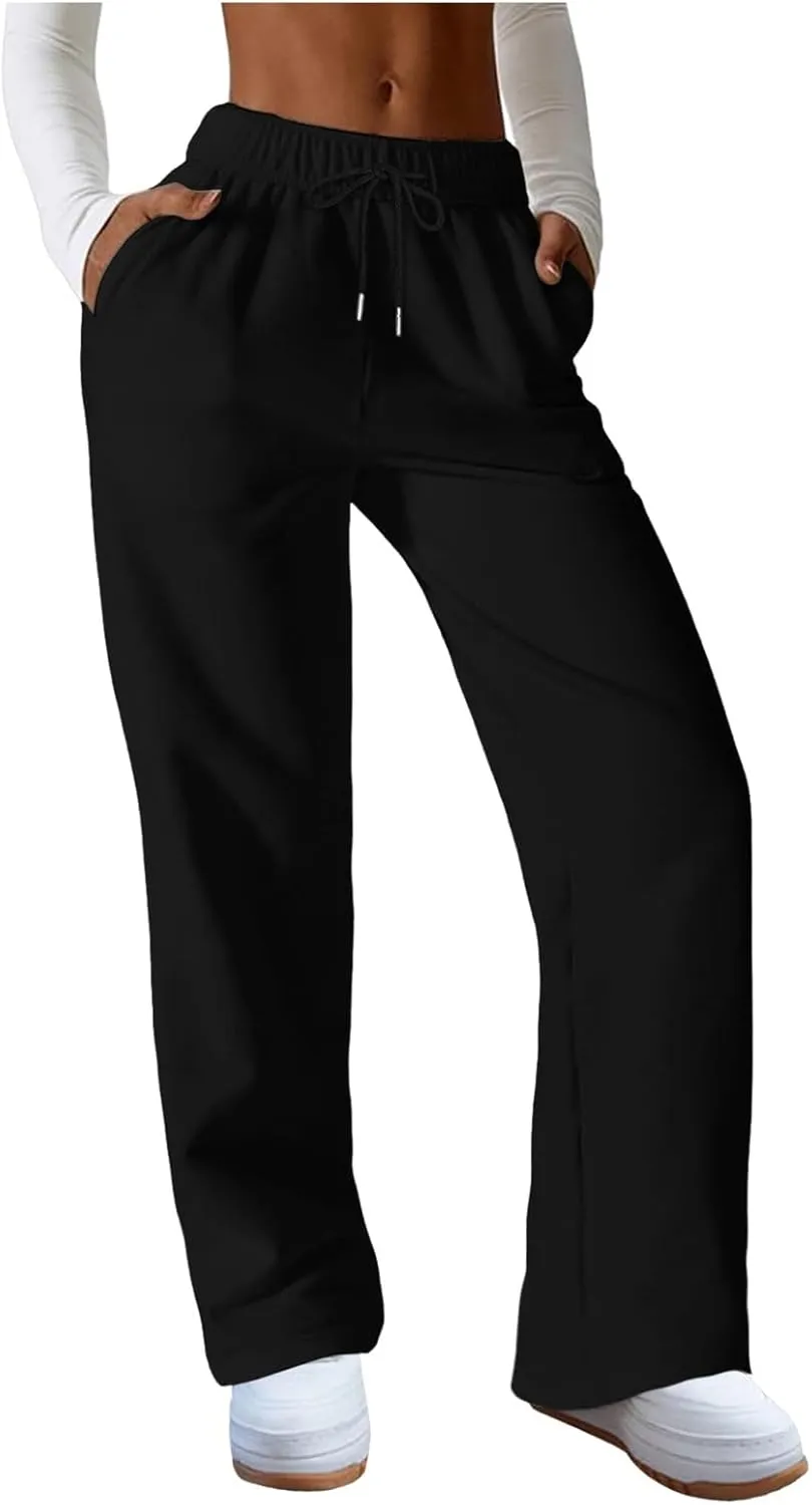 Straight Leg Sweatpants for Women 2024 Trendy Interior Drawstring Baggy Sweatpants High Waisted Casual Trousers Jogger