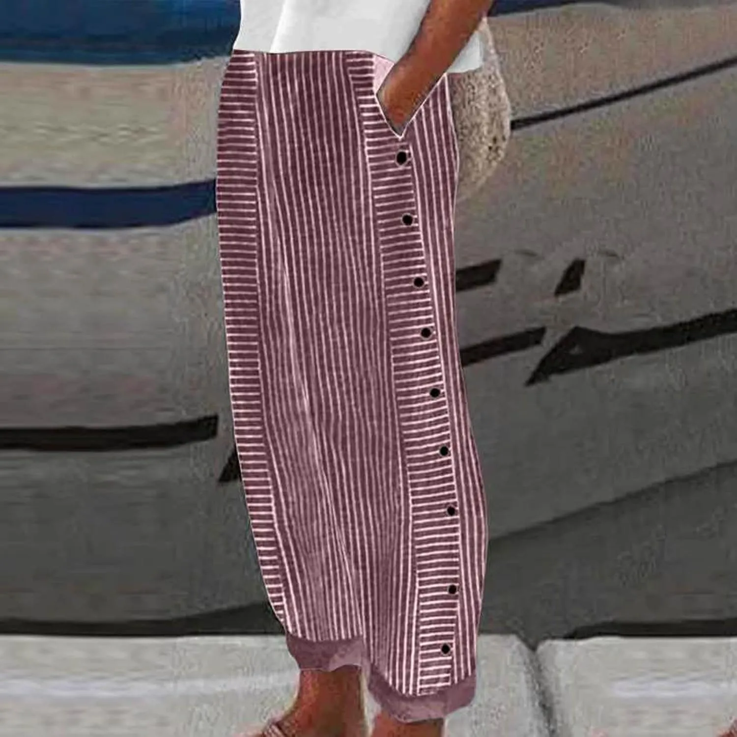 Striped Pants Women Summer Trendy Side Button Lightweight Elastic Waist Straight Leg Casual Trousers with Pockets