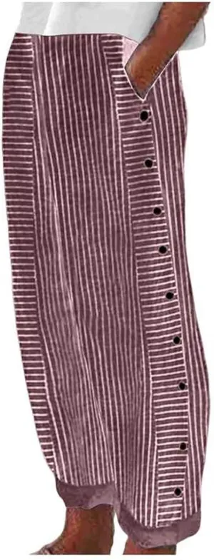 Striped Pants Women Summer Trendy Side Button Lightweight Elastic Waist Straight Leg Casual Trousers with Pockets