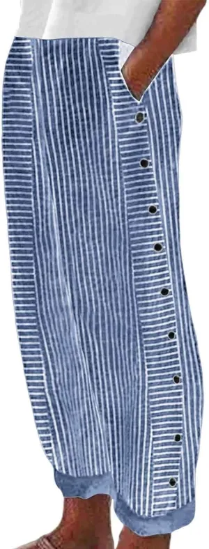 Striped Summer Linen Pants Women Casual Wide Straight Leg Side Button Elastic Waist Pants Baggy Lightweight Pants with Pocket