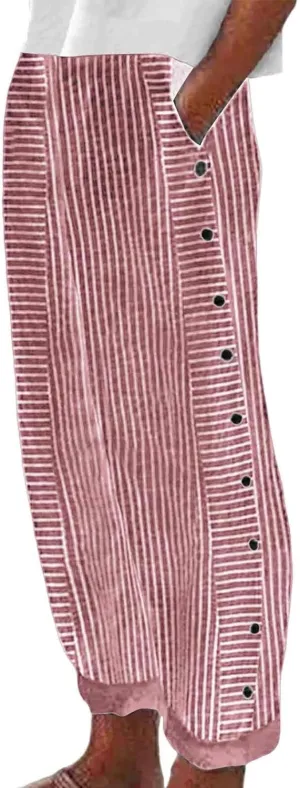 Striped Summer Linen Pants Women Casual Wide Straight Leg Side Button Elastic Waist Pants Baggy Lightweight Pants with Pocket