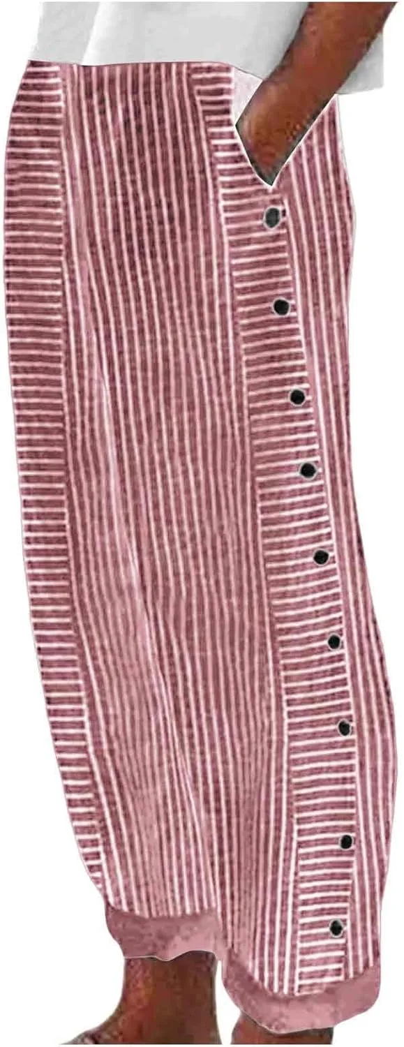 Striped Summer Linen Pants Women Casual Wide Straight Leg Side Button Elastic Waist Pants Baggy Lightweight Pants with Pocket