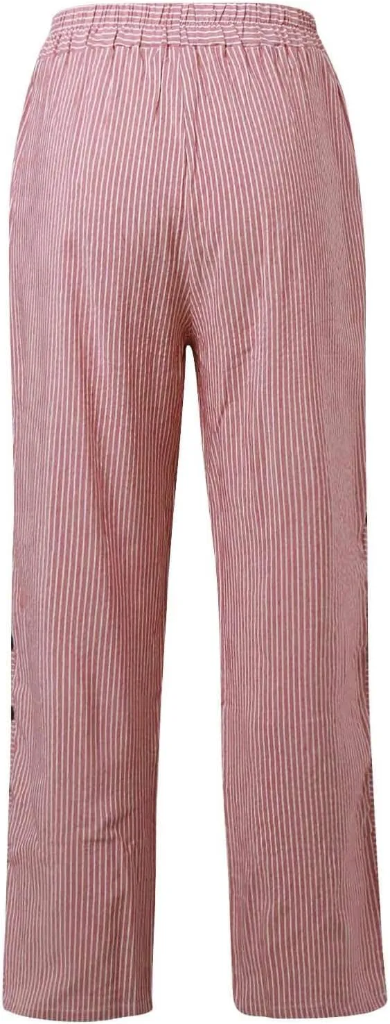 Striped Summer Linen Pants Women Casual Wide Straight Leg Side Button Elastic Waist Pants Baggy Lightweight Pants with Pocket