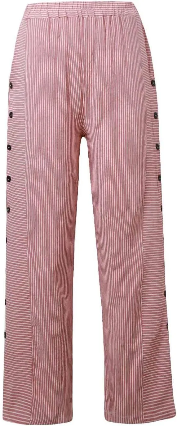 Striped Summer Linen Pants Women Casual Wide Straight Leg Side Button Elastic Waist Pants Baggy Lightweight Pants with Pocket