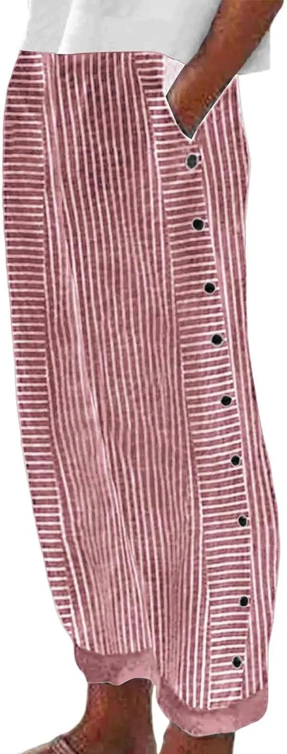 Striped Summer Linen Pants Women Casual Wide Straight Leg Side Button Elastic Waist Pants Baggy Lightweight Pants with Pocket