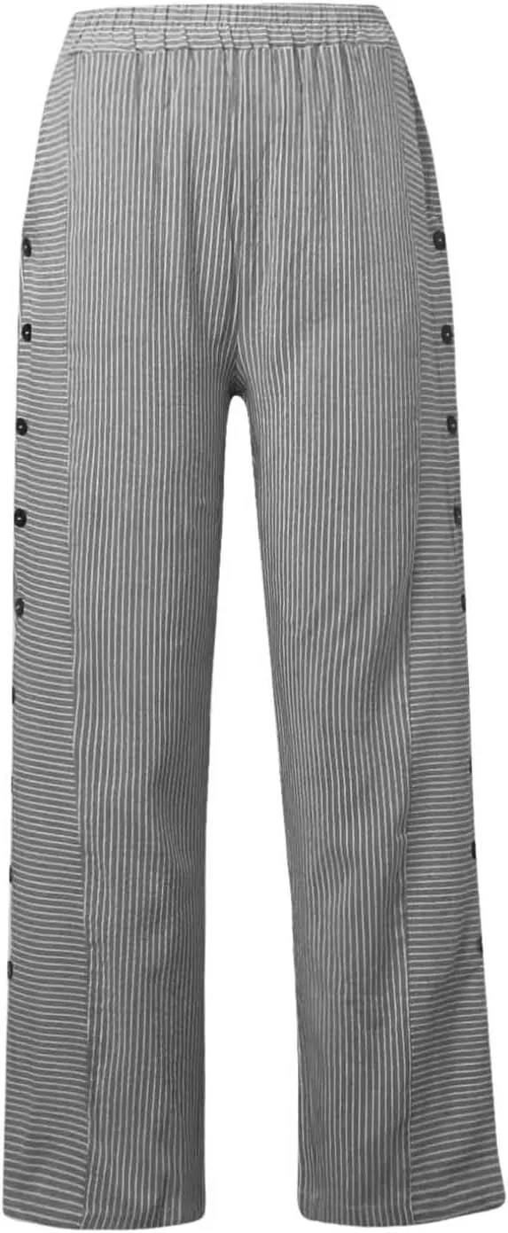 Striped Summer Linen Pants Women Casual Wide Straight Leg Side Button Elastic Waist Pants Baggy Lightweight Pants with Pocket