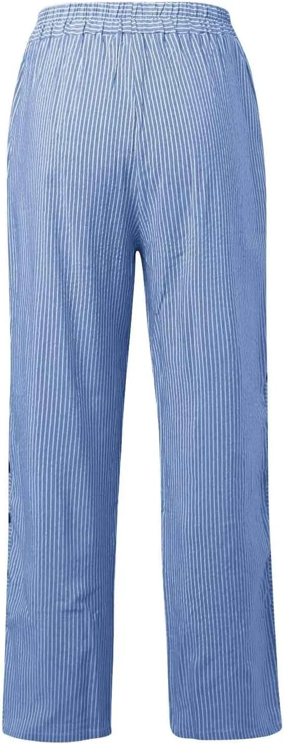 Striped Summer Linen Pants Women Casual Wide Straight Leg Side Button Elastic Waist Pants Baggy Lightweight Pants with Pocket