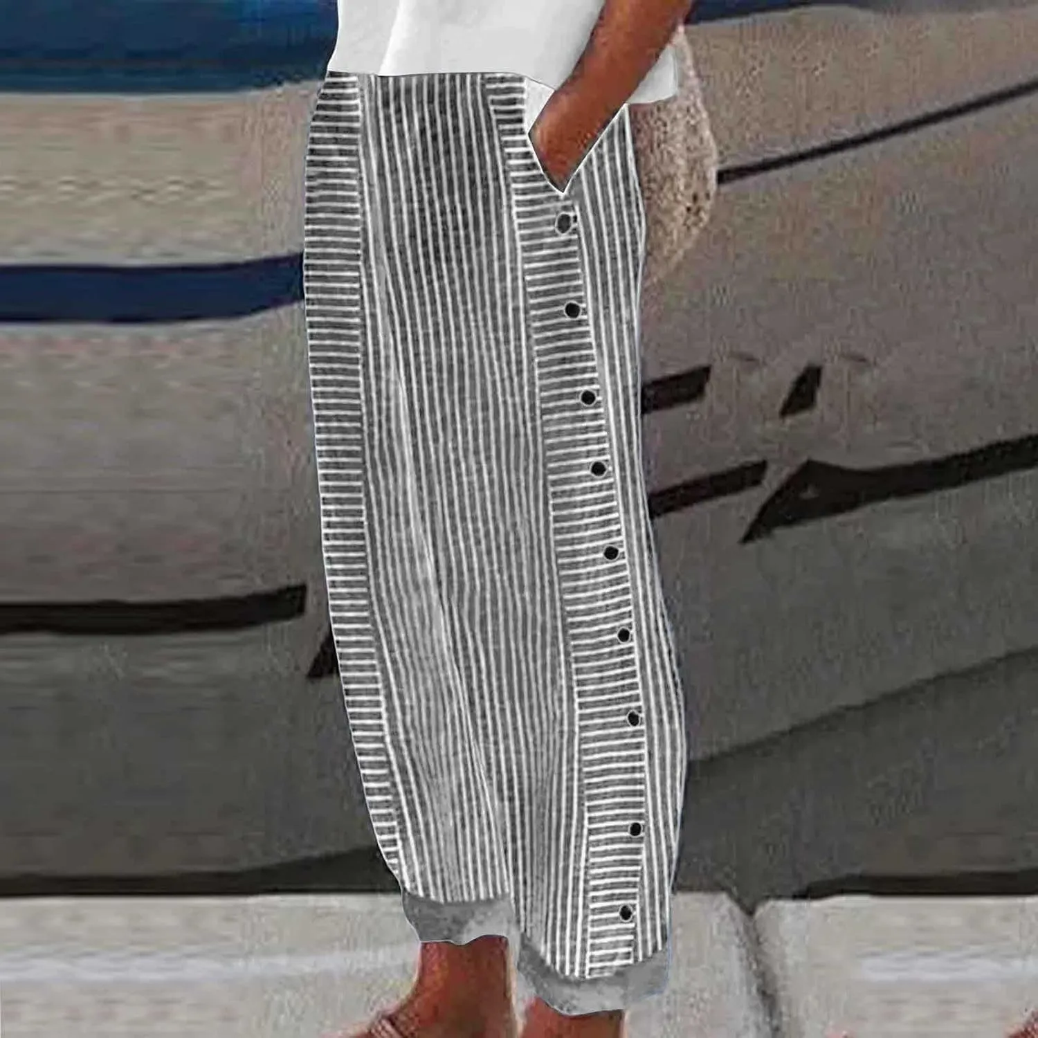 Striped Summer Linen Pants Women Casual Wide Straight Leg Side Button Elastic Waist Pants Baggy Lightweight Pants with Pocket