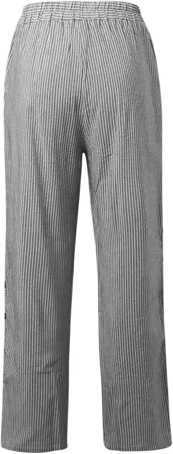 Striped Summer Linen Pants Women Casual Wide Straight Leg Side Button Elastic Waist Pants Baggy Lightweight Pants with Pocket