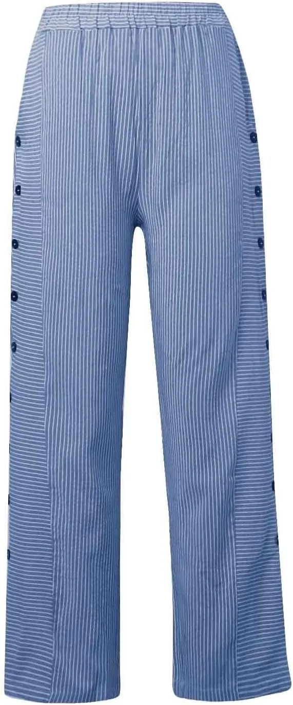 Striped Summer Linen Pants Women Casual Wide Straight Leg Side Button Elastic Waist Pants Baggy Lightweight Pants with Pocket