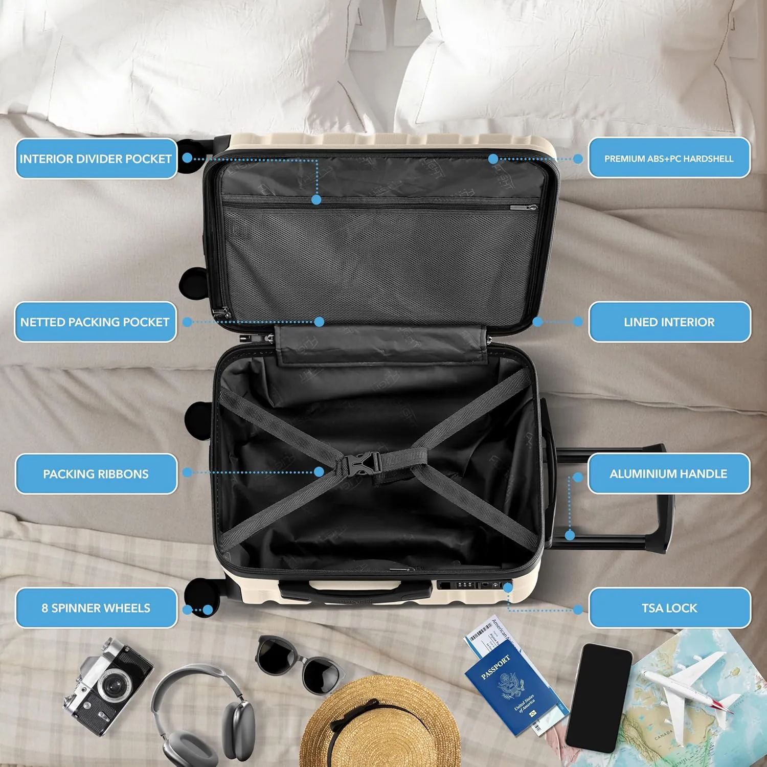 Suitcase 22x14x9 Carry On Hardside With Built In TSA Lock & USB Port Lightweight Luggage Silent Double Spinner Wheels Maximum Carry-On Bag Size For American & United Approved Airlines