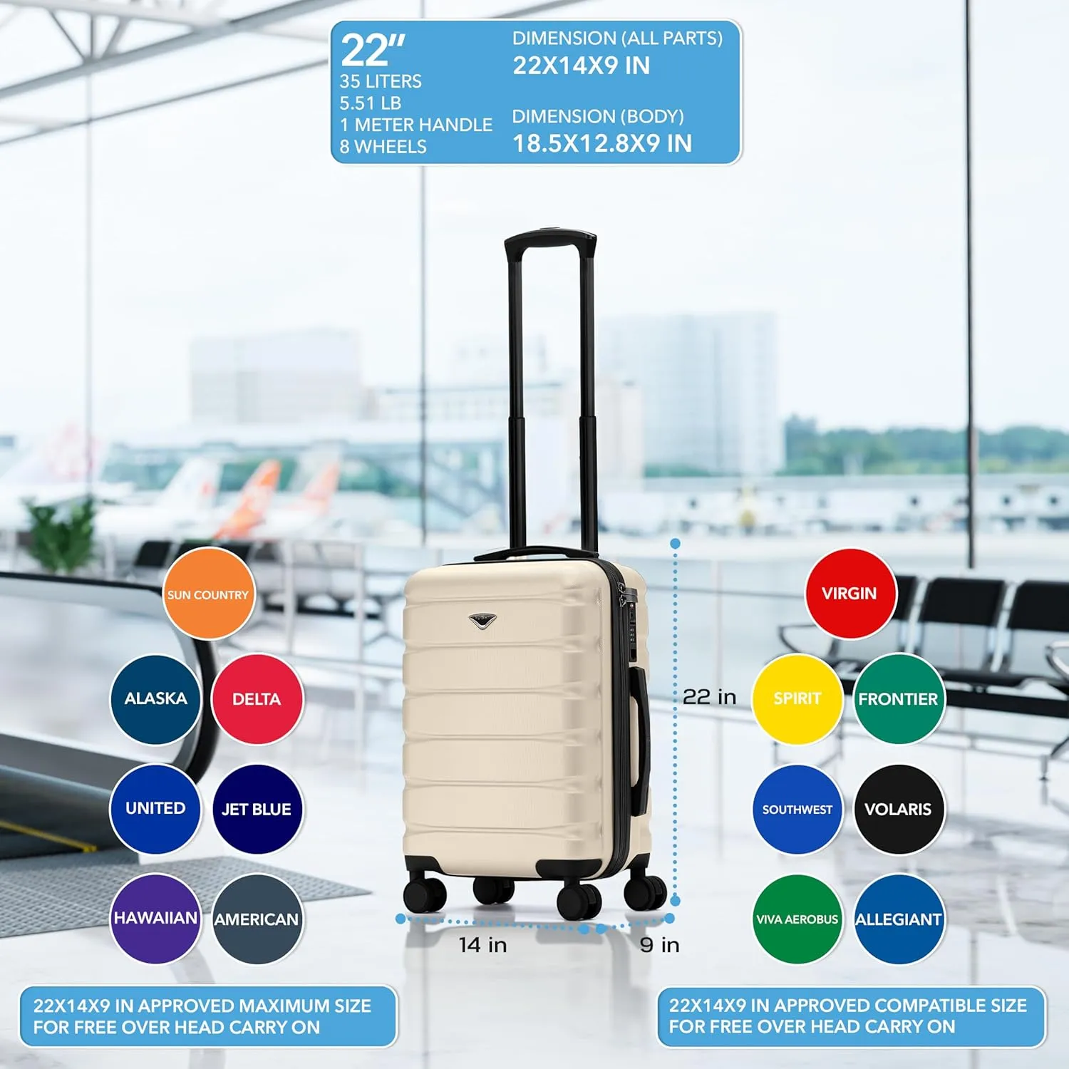 Suitcase 22x14x9 Carry On Hardside With Built In TSA Lock & USB Port Lightweight Luggage Silent Double Spinner Wheels Maximum Carry-On Bag Size For American & United Approved Airlines