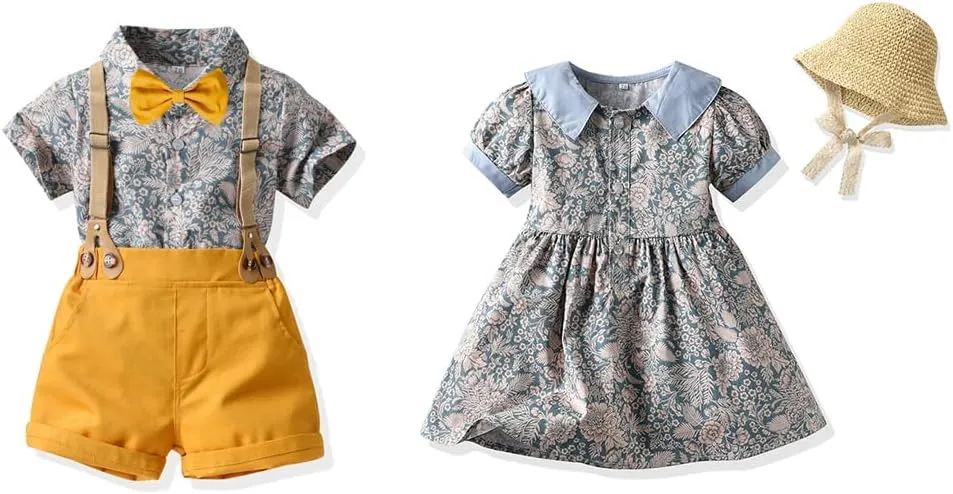 Summer Brother and Sister Matching Outfits Toddler Boys Gentleman Suits Infant Girls Dresses