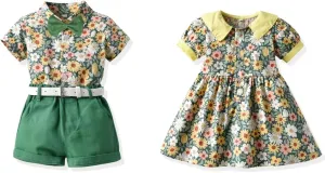 Summer Brother and Sister Matching Outfits Toddler Boys Gentleman Suits Infant Girls Dresses