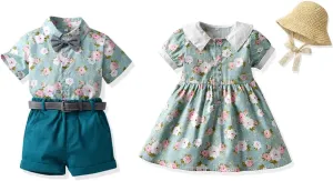 Summer Brother and Sister Matching Outfits Toddler Boys Gentleman Suits Infant Girls Dresses