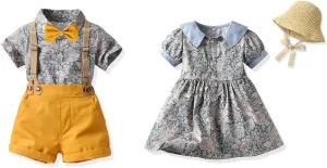 Summer Brother and Sister Matching Outfits Toddler Boys Gentleman Suits Infant Girls Dresses