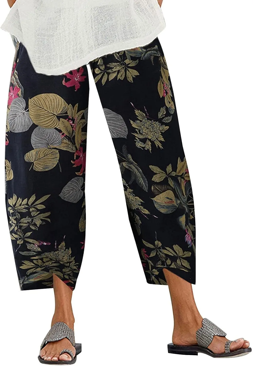Summer Capri Pants for Women, Cotton Linen Wide Leg Womens Cropped Pants Beach Elastic Waist Crop Trousers