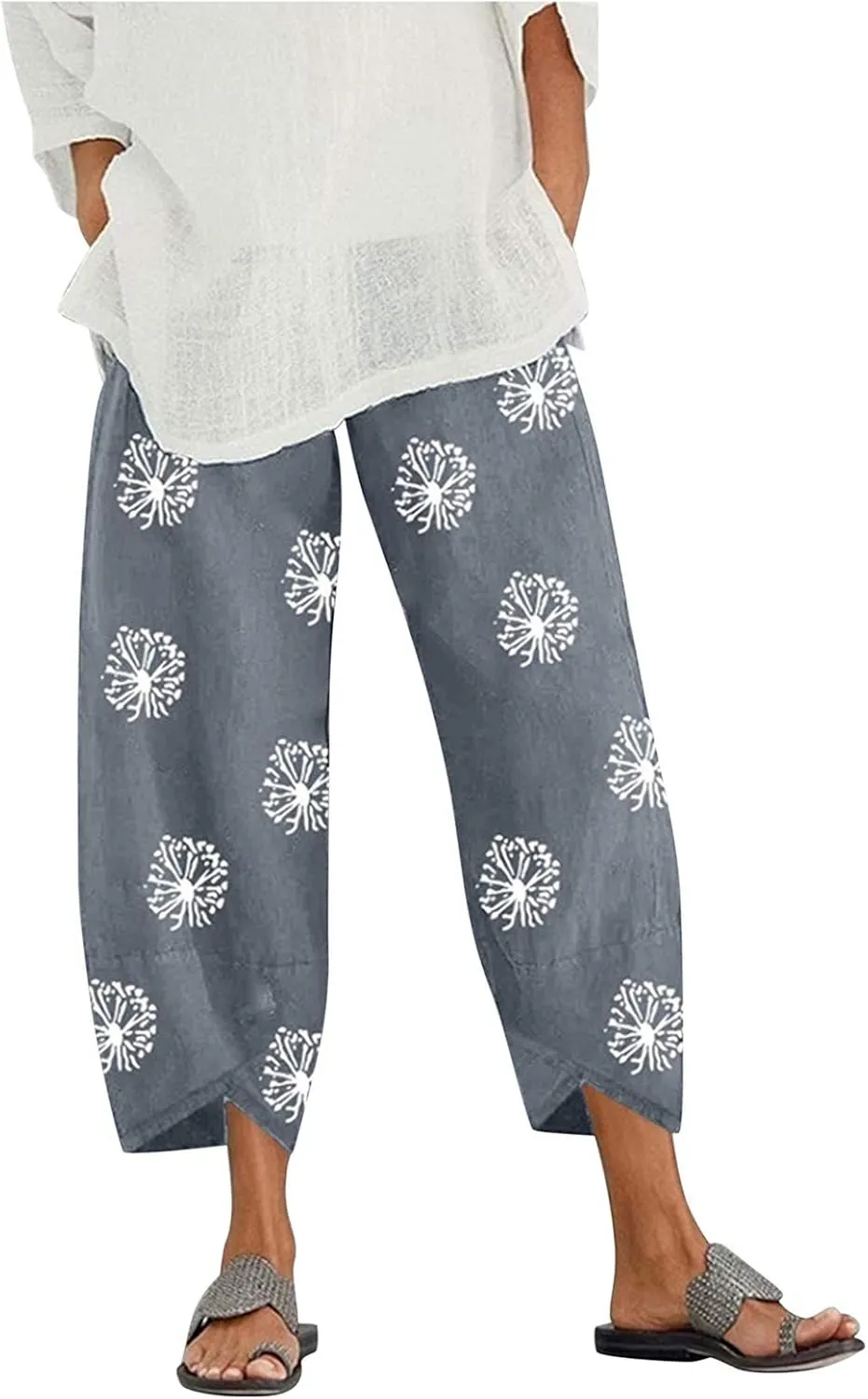 Summer Capri Pants for Women, Cotton Linen Wide Leg Womens Cropped Pants Beach Elastic Waist Crop Trousers