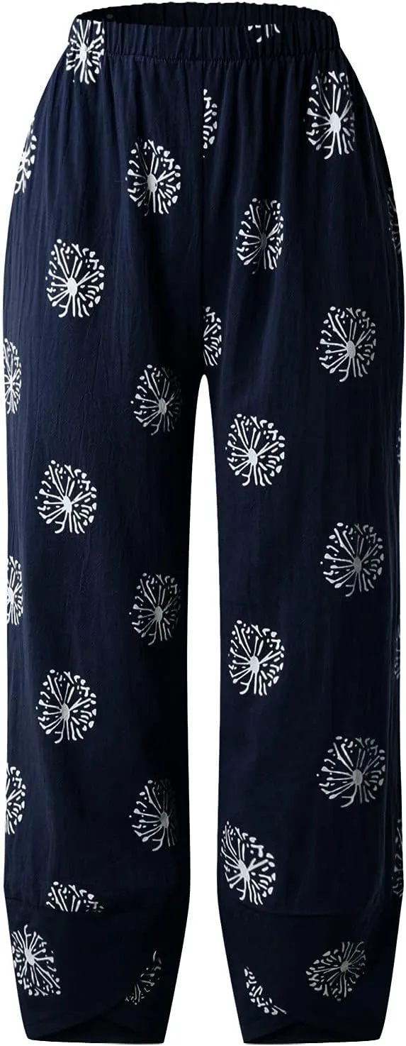 Summer Capri Pants for Women, Cotton Linen Wide Leg Womens Cropped Pants Beach Elastic Waist Crop Trousers