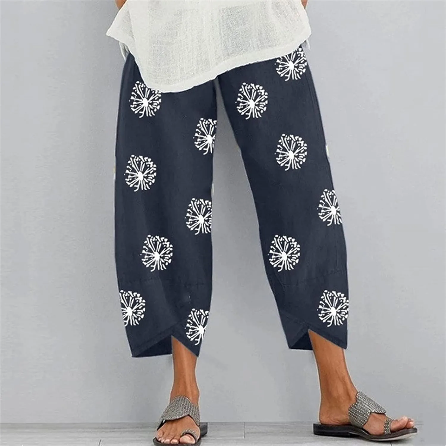 Summer Capri Pants for Women, Cotton Linen Wide Leg Womens Cropped Pants Beach Elastic Waist Crop Trousers