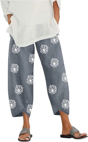 Summer Capri Pants for Women, Cotton Linen Wide Leg Womens Cropped Pants Beach Elastic Waist Crop Trousers